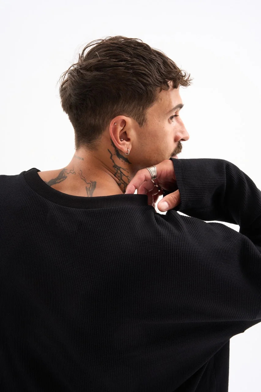 RAW EDGE WAFFLE KNIT / BLACK image 5