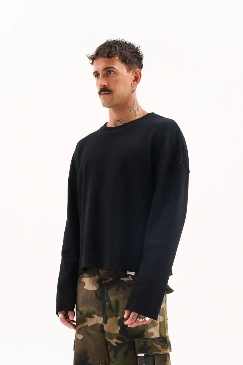 RAW EDGE WAFFLE KNIT / BLACK image 1