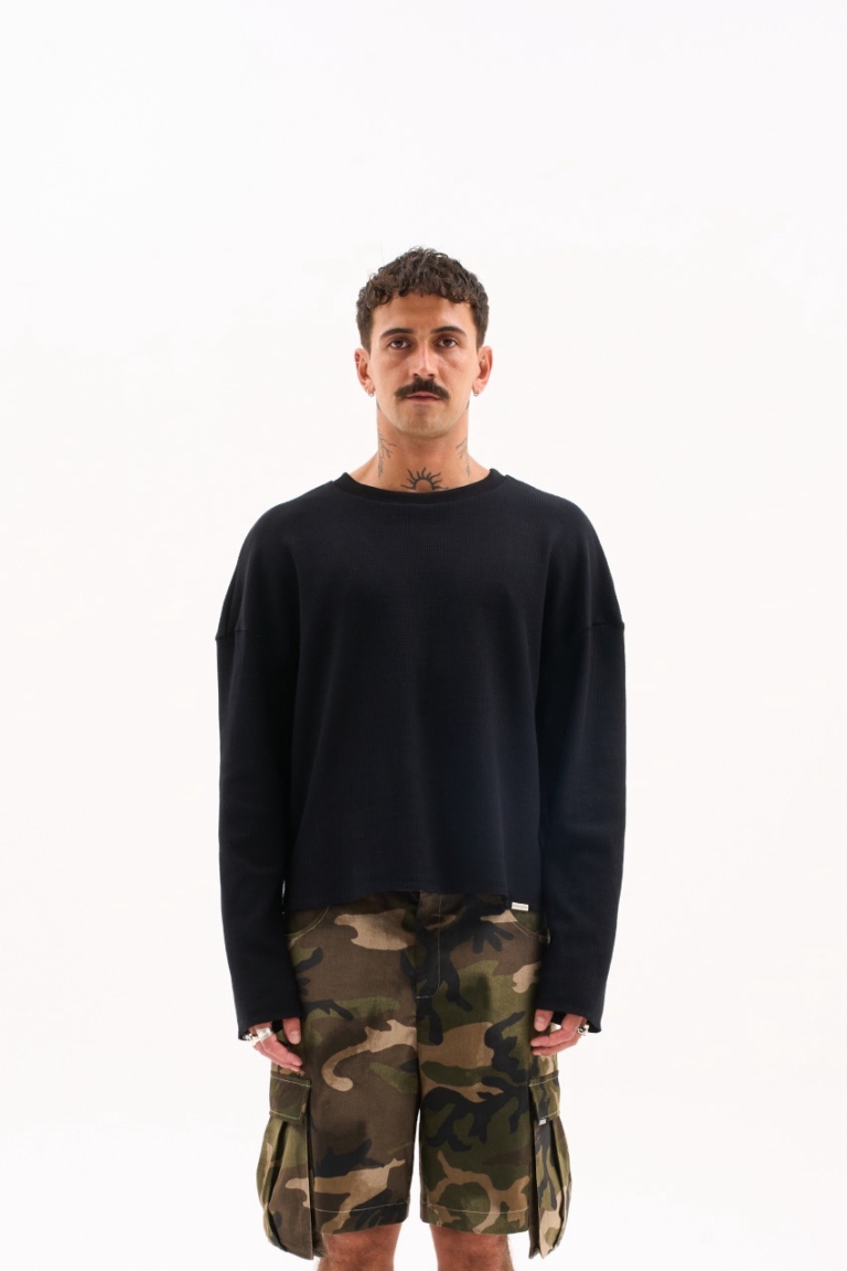 RAW EDGE WAFFLE KNIT / BLACK